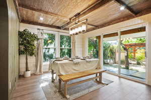 Dining space with wood ceiling with exposed beams, wood finished floors, and wood walls