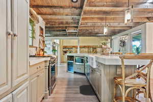 Kitchen with wooden ceiling with exposed beams, stainless steel appliances, a sink, wood finished floors, and light countertops