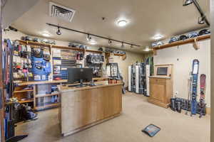 Office with rail lighting and light colored carpet