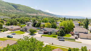 Aerial perspective of suburban area with mountains