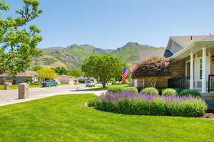 View of green lawn with a mountain view and a residential view