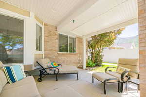View of patio / terrace featuring a mountain view