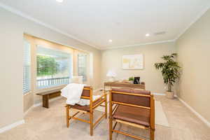 Office with ornamental molding, recessed lighting, light colored carpet, and baseboards