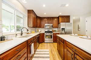 Kitchen with stainless steel appliances, a sink, light wood finished floors, light countertops, and tasteful backsplash