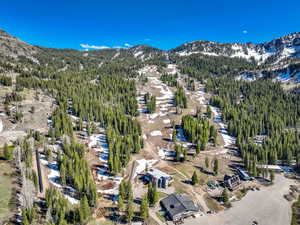 Aerial overview of property's location featuring mountains and a heavily wooded area