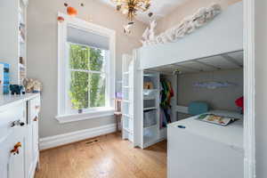 Bedroom with light wood-type flooring, multiple windows, baseboards, and a closet