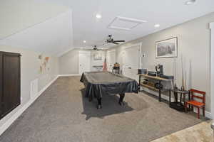 Rec room featuring baseboards, recessed lighting, a ceiling fan, billiards table, and carpet floors