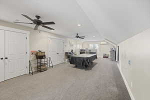 Playroom featuring a ceiling fan, billiards, carpet, recessed lighting, and baseboards