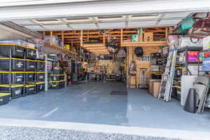 Garage featuring a workshop area