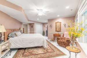 Bedroom featuring recessed lighting, marble finish flooring, a closet, ceiling fan, and crown molding