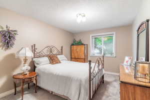 Carpeted bedroom featuring baseboards and a textured ceiling