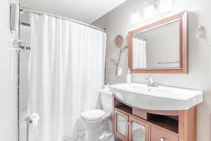 Full bath featuring toilet, vanity, and a shower with curtain