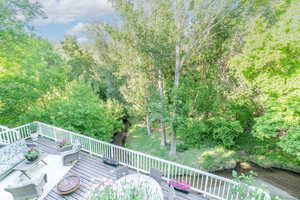 Wooden terrace featuring a view of trees