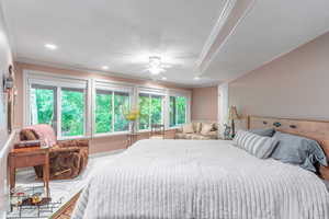 Bedroom featuring crown molding, recessed lighting, baseboards, and ceiling fan