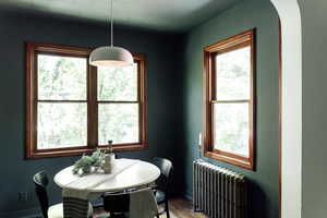 Dining space featuring radiator, plenty of natural light, and baseboards