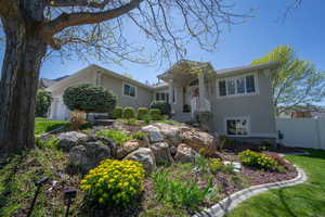View of front of home. Lots of established perennials, bushes, trees!