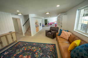 Basement family room area looking towards more flex space!