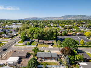 Aerial view of residential area with mountains