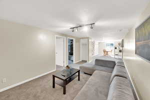 Carpeted living room featuring rail lighting and baseboards