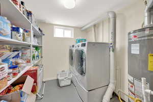 Laundry room featuring separate washer and dryer and water heater