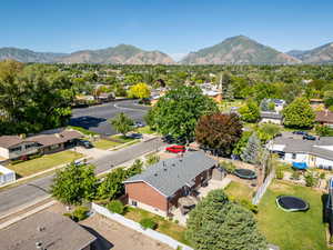 Aerial view of residential area with mountains