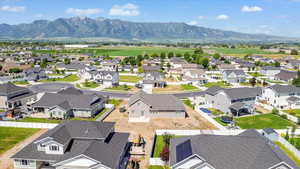 Aerial view of residential area with mountains