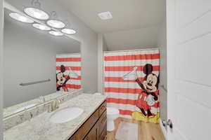 Bathroom with wood finished floors, vanity, toilet, curtained shower, and lofted ceiling