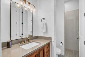 Full bath with toilet, vanity, and tiled shower