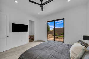 Bedroom featuring access to outside, carpet flooring, recessed lighting, baseboards, and ceiling fan