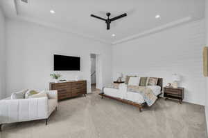 Carpeted bedroom with recessed lighting and ceiling fan