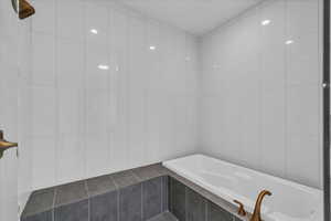 Full bathroom featuring tiled bath and tile walls