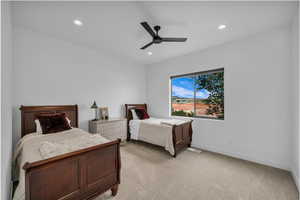 Bedroom with light colored carpet, baseboards, recessed lighting, and ceiling fan
