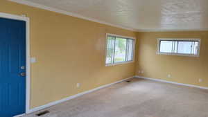 Carpeted spare room featuring baseboards and ornamental molding