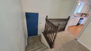 Stairs featuring carpet flooring and baseboards