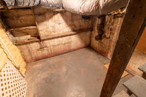 Basement view of unfinished concrete flooring