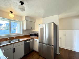 Kitchen featuring appliances with stainless steel finishes, a sink, dark wood-type flooring, a textured ceiling, and wainscoting