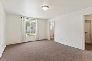 Unfurnished bedroom with a spacious closet, carpet, and baseboards