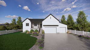 Modern inspired farmhouse featuring board and batten siding, driveway, and a garage