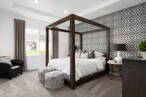 Carpeted bedroom with recessed lighting and baseboards