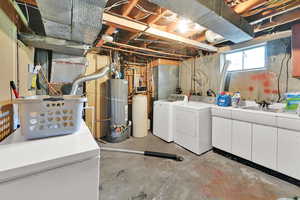 Laundry area with gas water heater, included washer and dryer, a water softener system, and a sink.