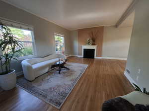 Living area with wood finished floors, crown molding, and a fireplace