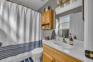 Full bathroom with vanity, toilet, and a shower with curtain
