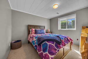 Carpeted bedroom with crown molding