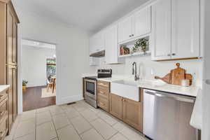 Kitchen with stainless steel appliances, a sink, under cabinet range hood, crown molding, and light countertops