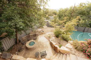 View of pool with a fenced backyard and basketball hoop