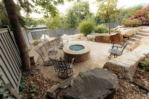 Fenced backyard featuring a fire pit and a patio area