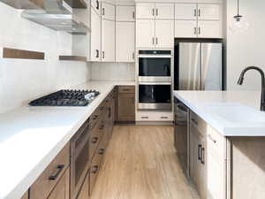Kitchen featuring appliances with stainless steel finishes, wall chimney range hood, light wood-style flooring, a sink, and light countertops