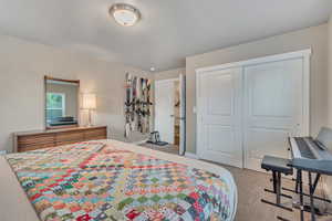 Carpeted bedroom featuring a closet