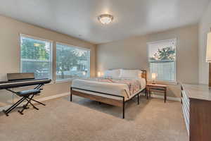 Bedroom with light colored carpet and baseboards