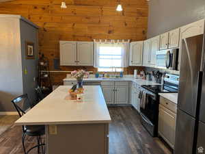 Kitchen featuring stainless steel appliances, a sink, a breakfast bar, dark wood-style flooring, and a kitchen island